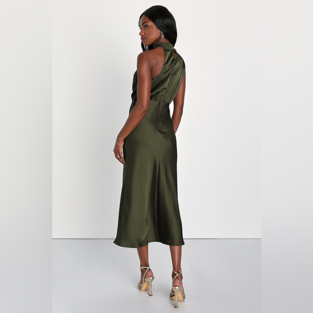 NWT Lulu's Distinctive Charm Olive Green Satin Asymmetrical Midi Dress - Picture 5 of 9